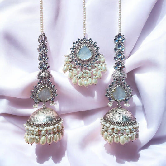 Big German silver jhumki with ear chain and matha tikka