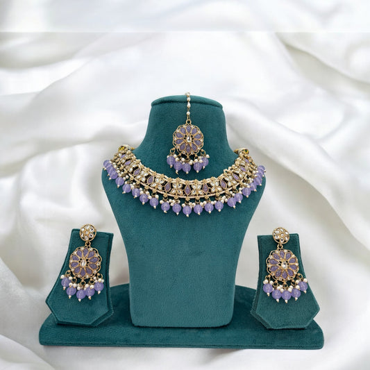 Purple necklace set with mang tikka