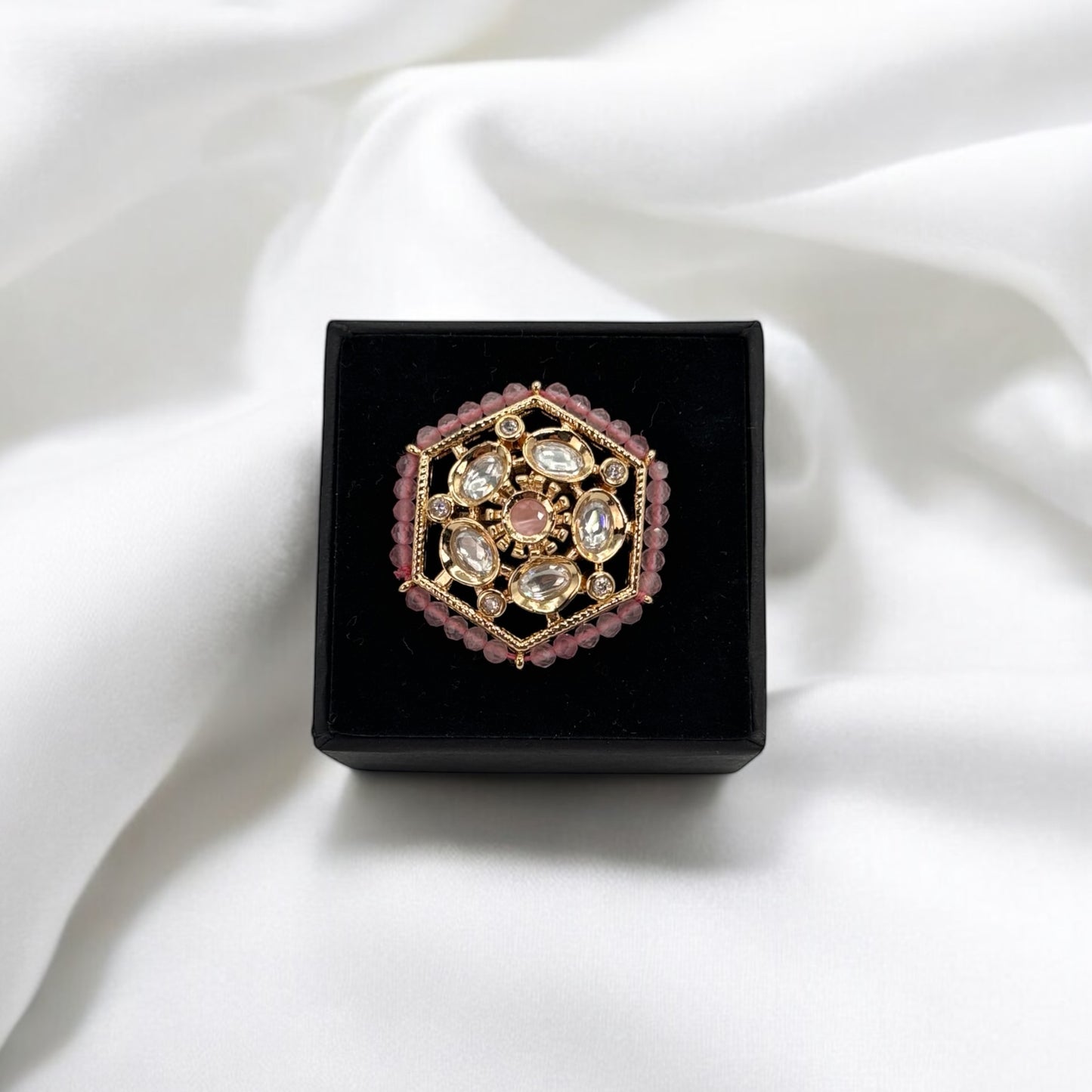 Green, pink and white Kundan rings