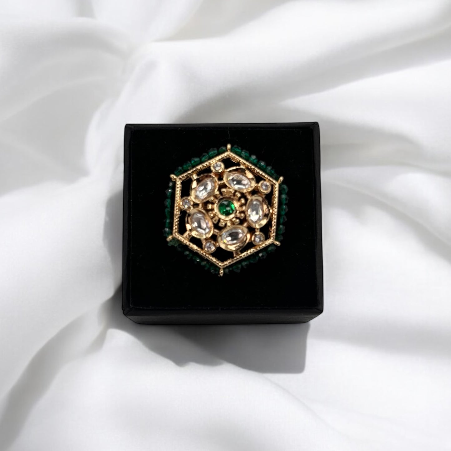 Green, pink and white Kundan rings