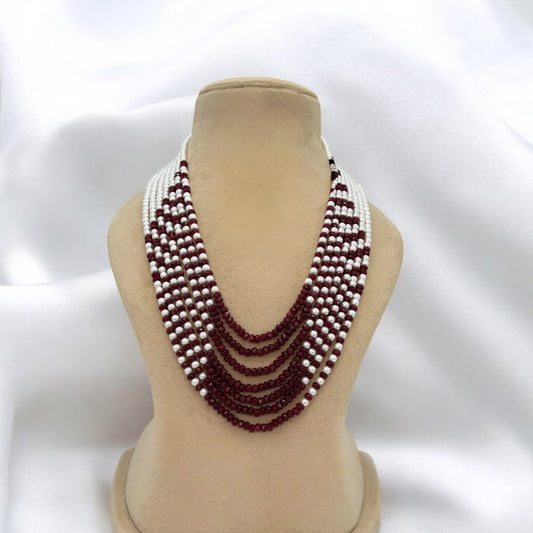 Seven layers moti and maroon stones mala