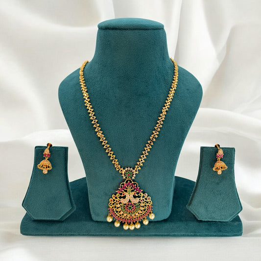 Gold plated long chain pendant set with earrings