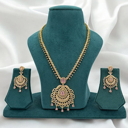 Gold plated American Diamond long necklace set