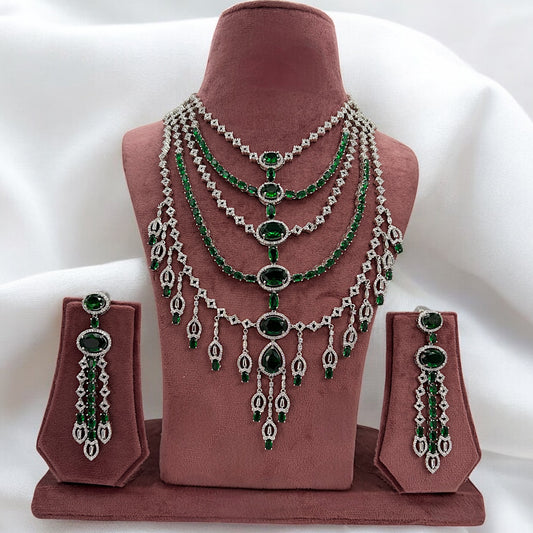 Emerald green American Diamond five layered necklace set