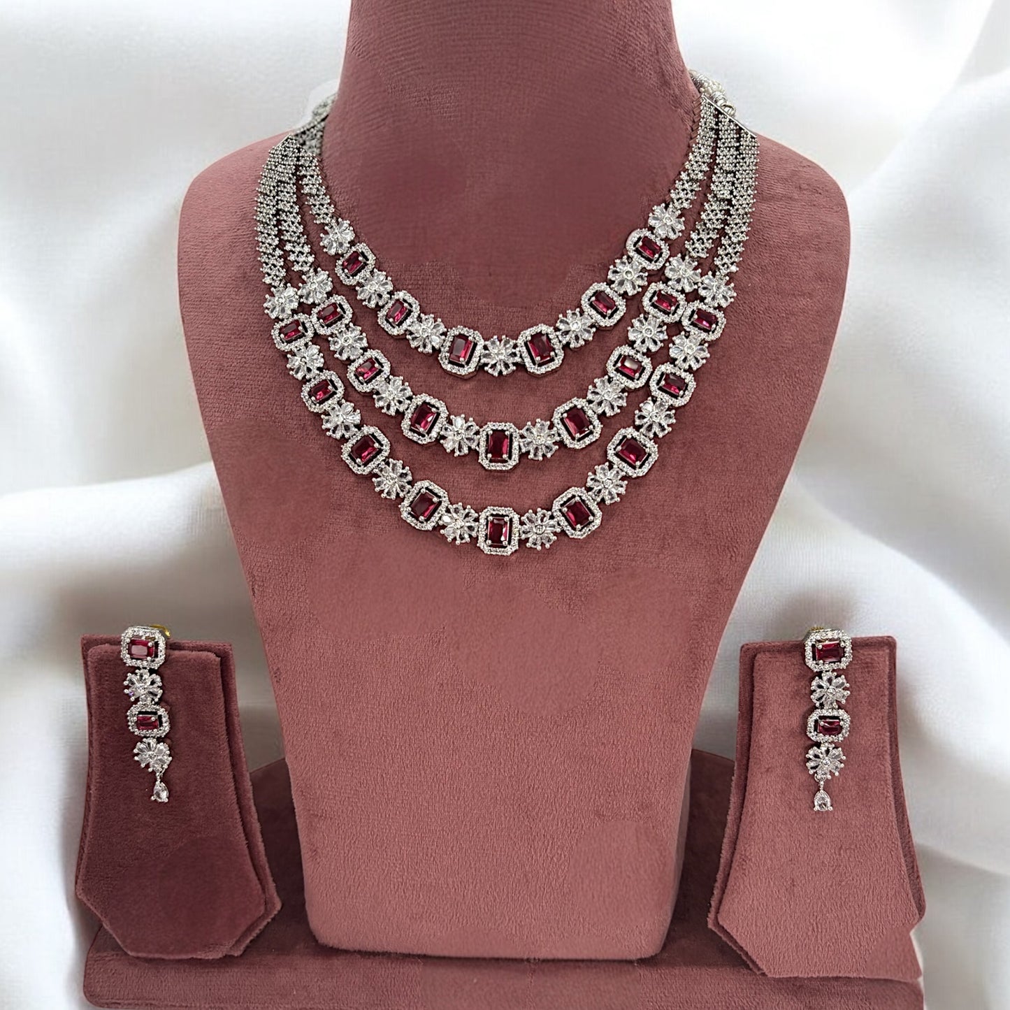 Silver American Diamond three layered dark pink necklace set