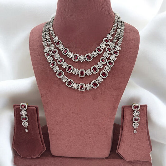 Silver American Diamond three layered dark pink necklace set