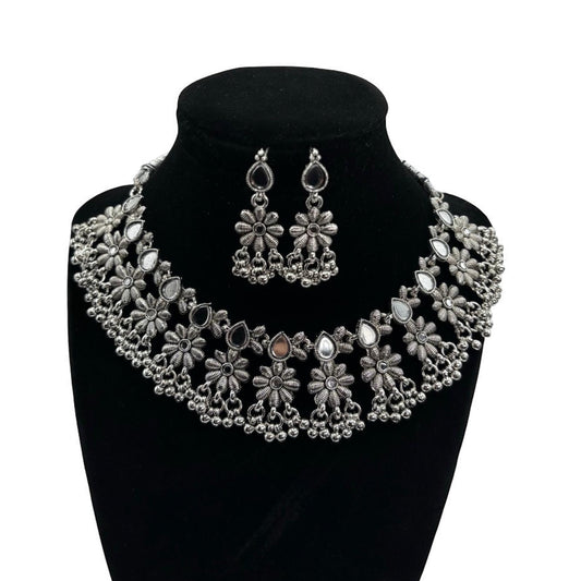 Silver necklace set with mirror work