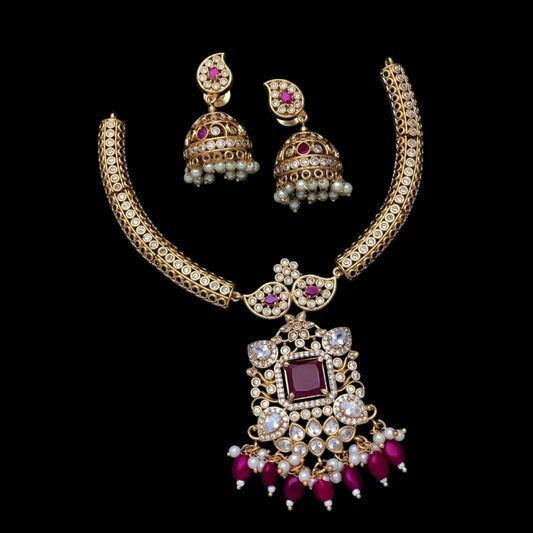 Premium quality gold plated American Diamond Hasli with jhumki