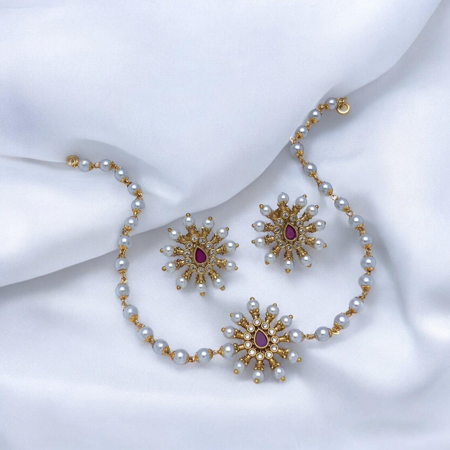 Elegant pearl choker with earrings