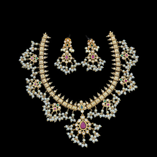 Antique gold plated AD necklace set with pearls