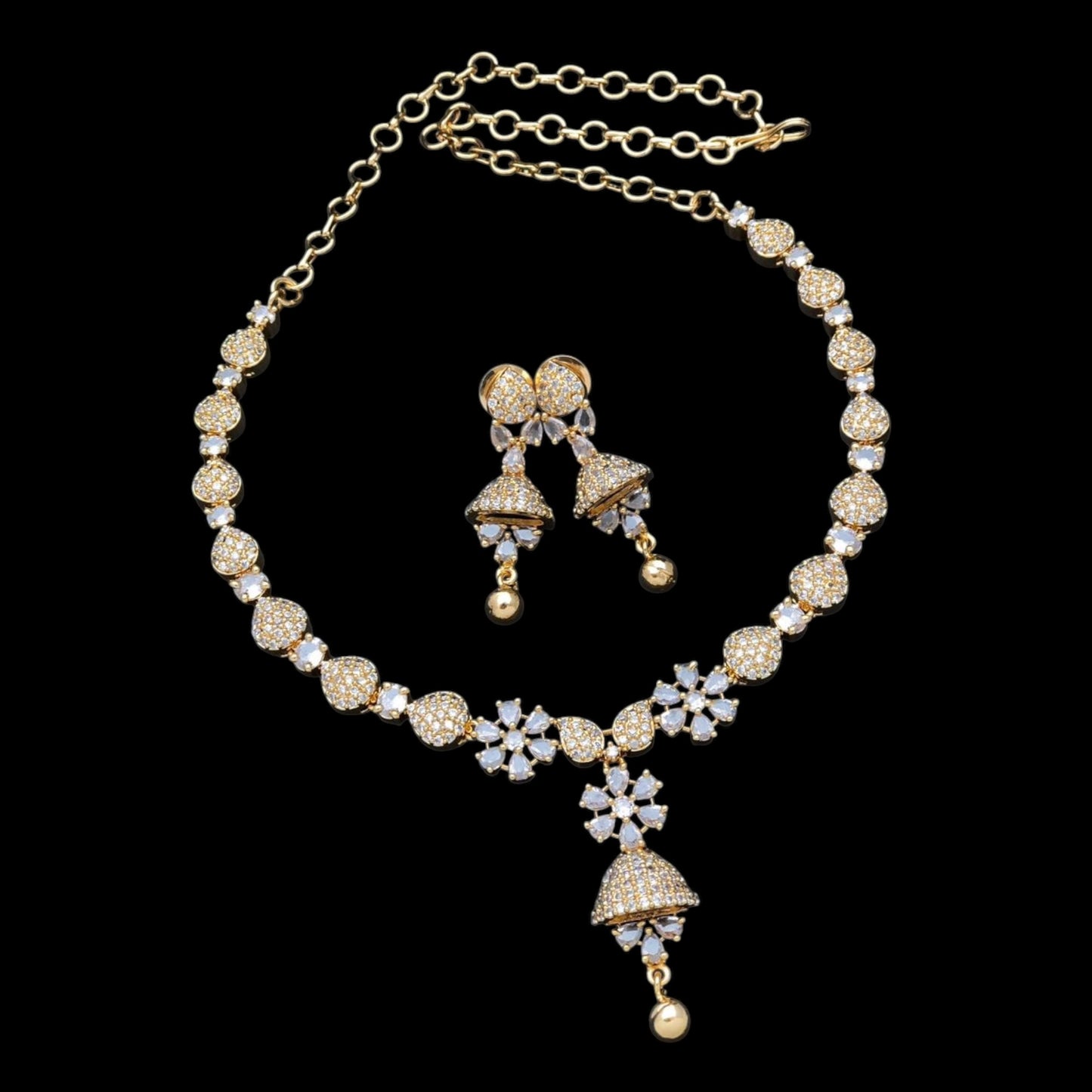 Gold plated AD beautiful bell design necklace set with earrings