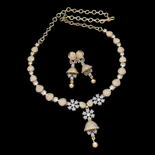 Gold plated AD beautiful bell design necklace set with earrings