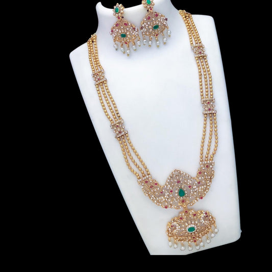 Matte finish American Diamond long necklace set/haram with earrings