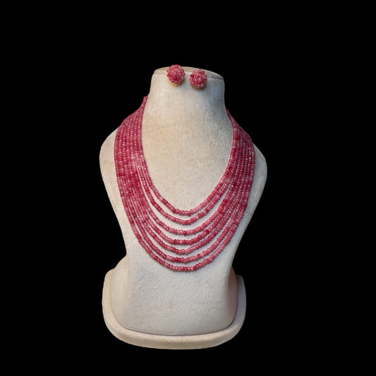Handmade seven layered  pink onyx stones mala with studs