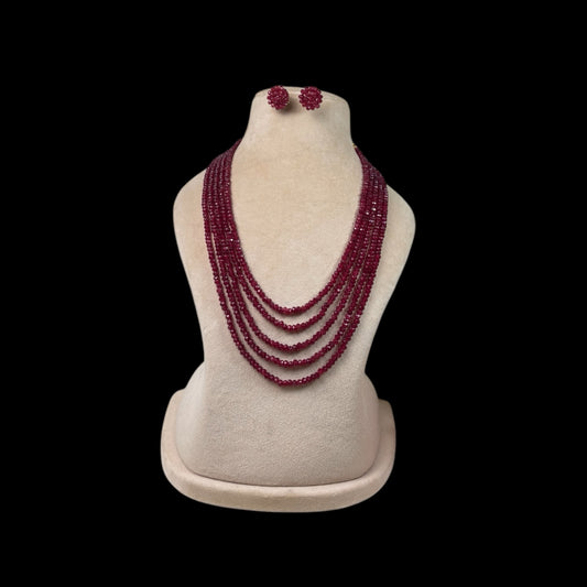 Handmade five layered  maroon color onyx stones mala with studs