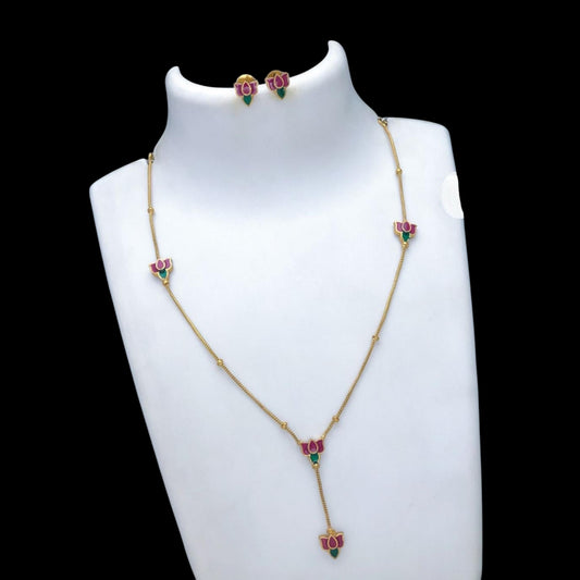 Lotus design matte gold plated long chain set with earrings