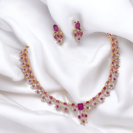 Gold plated American Diamond necklace set with ruby stones