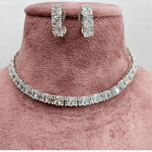 Elegant two tone single line big American Diamond stones necklace set