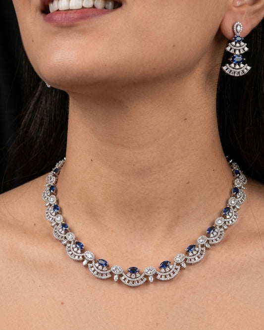 Silver American Diamond blue necklace set