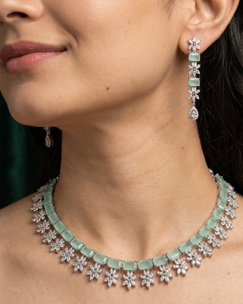 Silver American Diamond light green necklace set