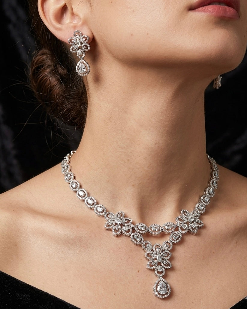 Silver American Diamond necklace set