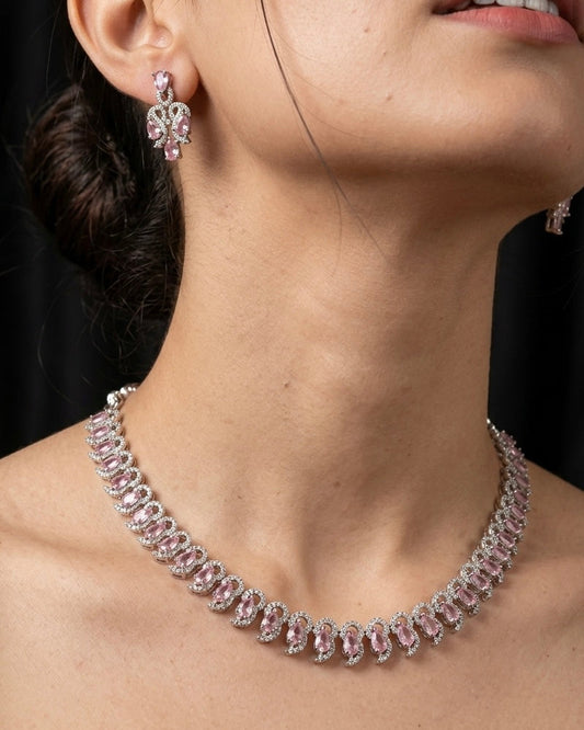 Silver American Diamond pink necklace set