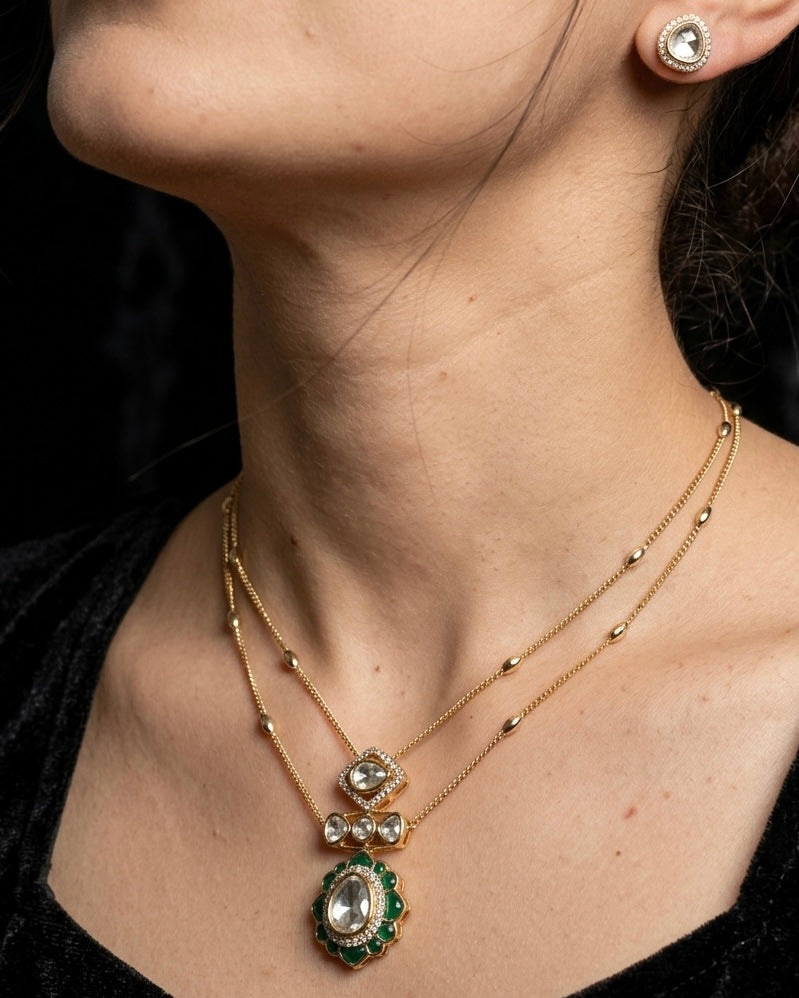 Gold plated 2layer kundan pendant set with green stones