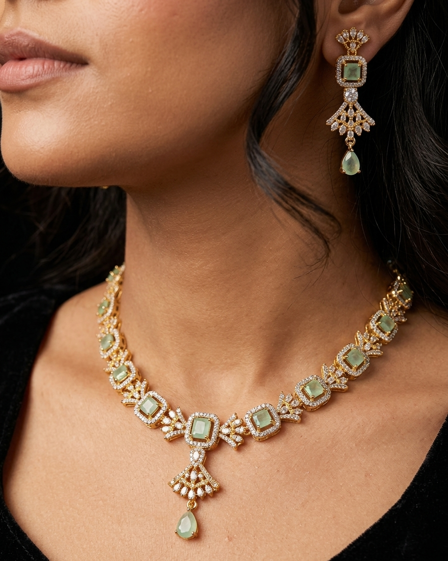 Gold plated American Diamond light green necklace set