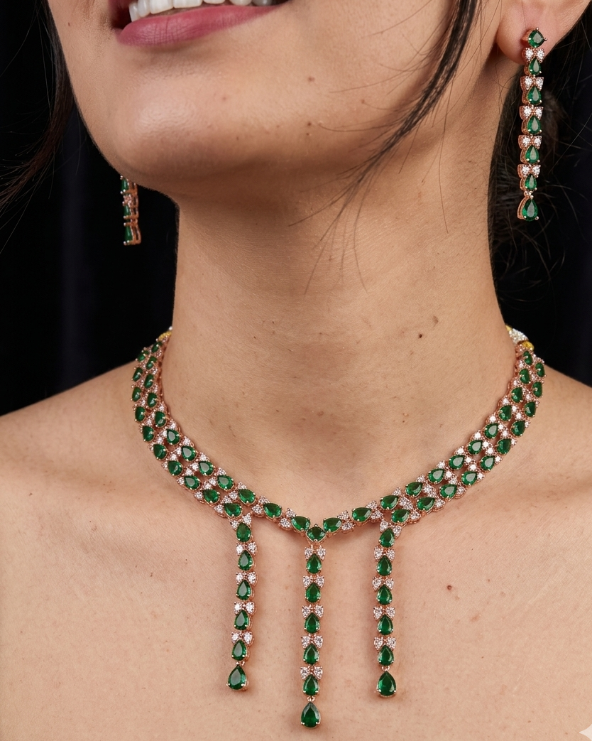 Rose gold plated green necklace set