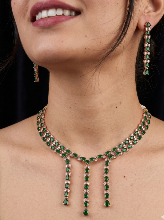 Rose gold plated green necklace set