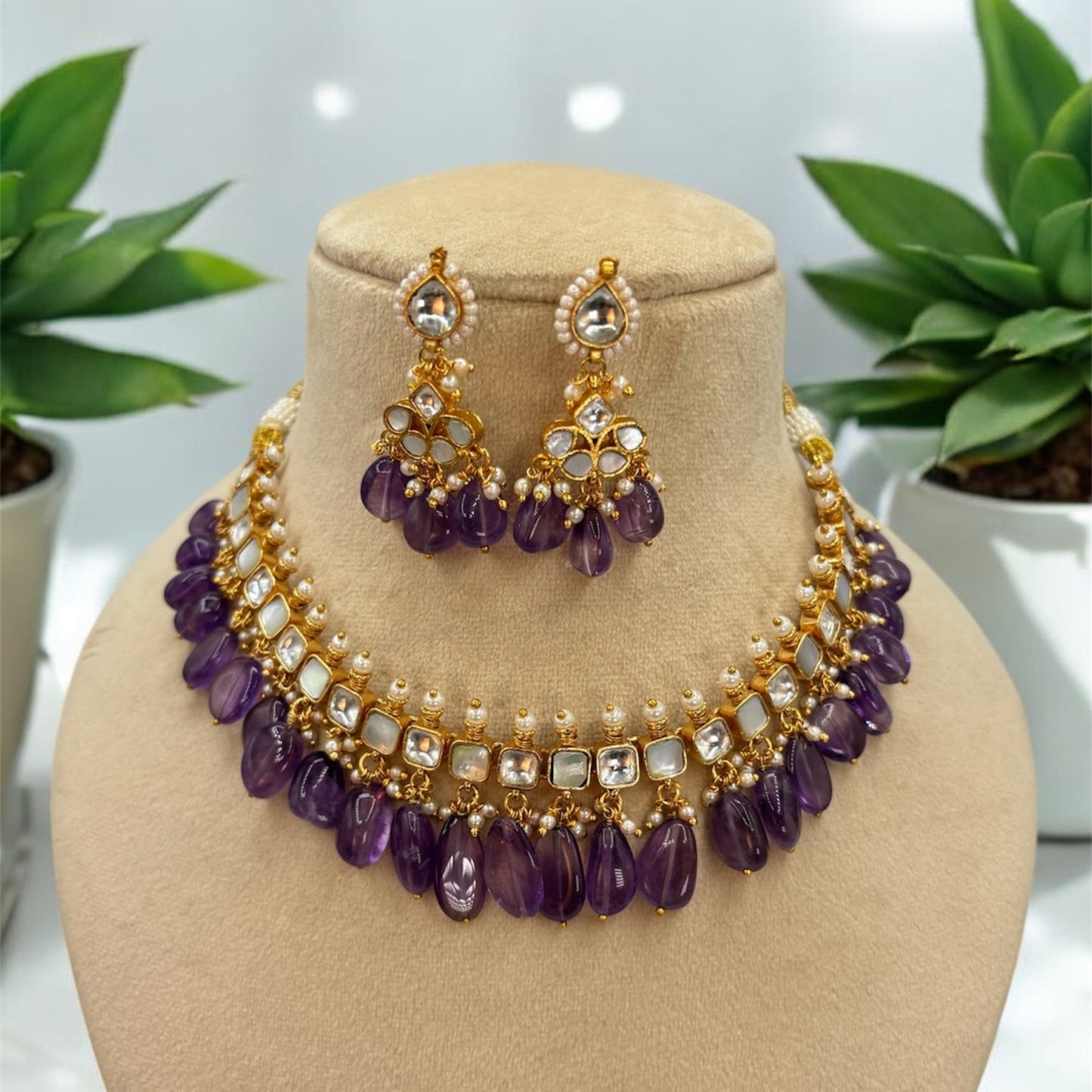 Purple mop and kundan necklace set