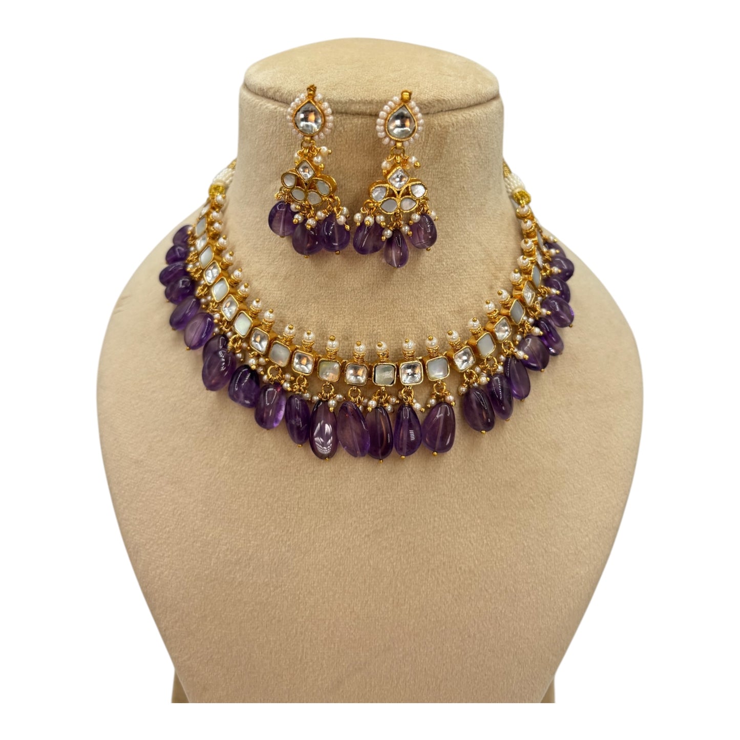 Purple mop and kundan necklace set