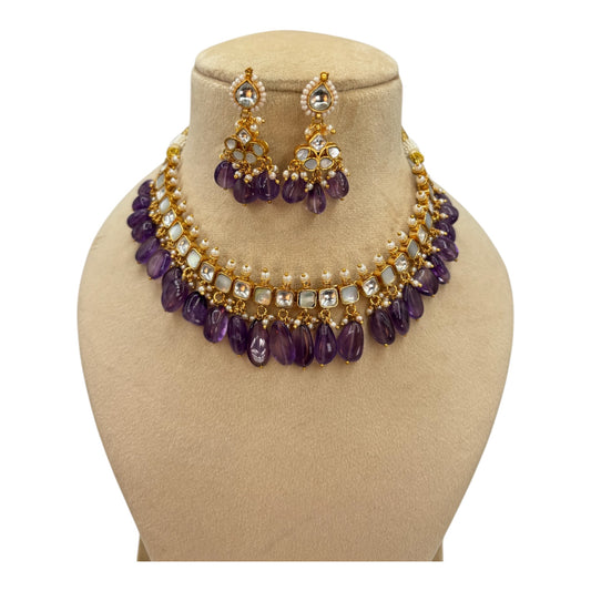 Purple mop and kundan necklace set