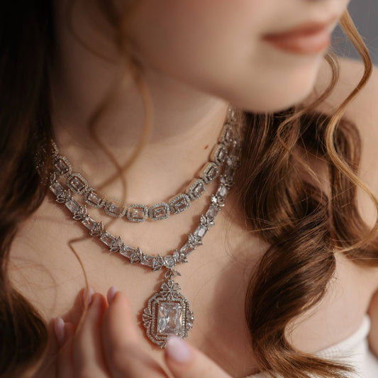 Two layer white American Diamond necklace set with earrings